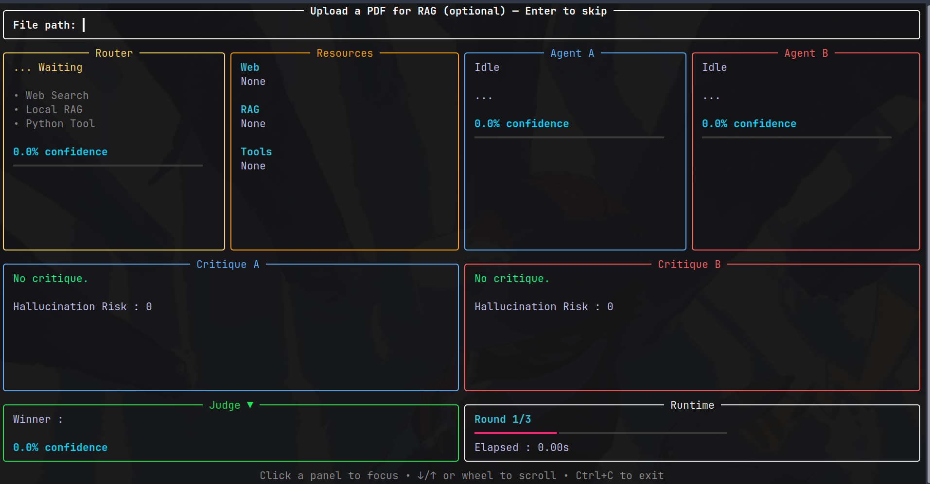 Local LLM Debate — initial terminal prompt asking for a question